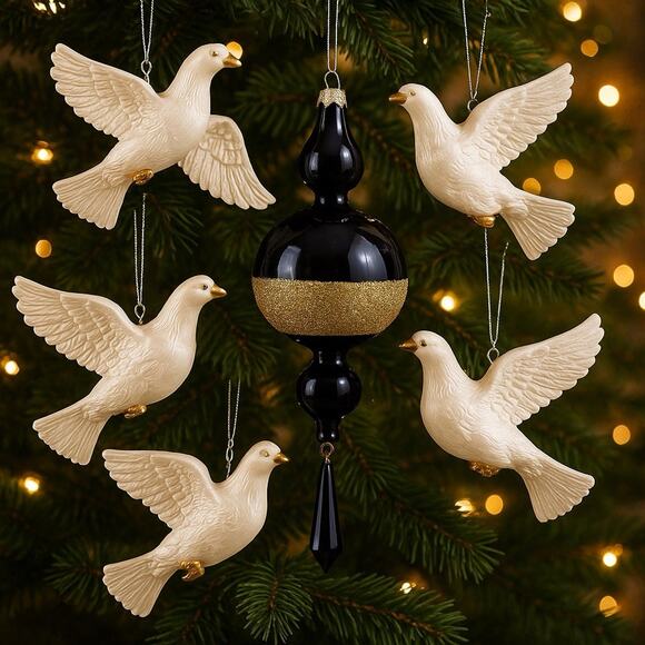 Unbranded Other - Vintage Christmas Ornament Lot – Black Gold Finial & 4 Pearlized Flying Doves